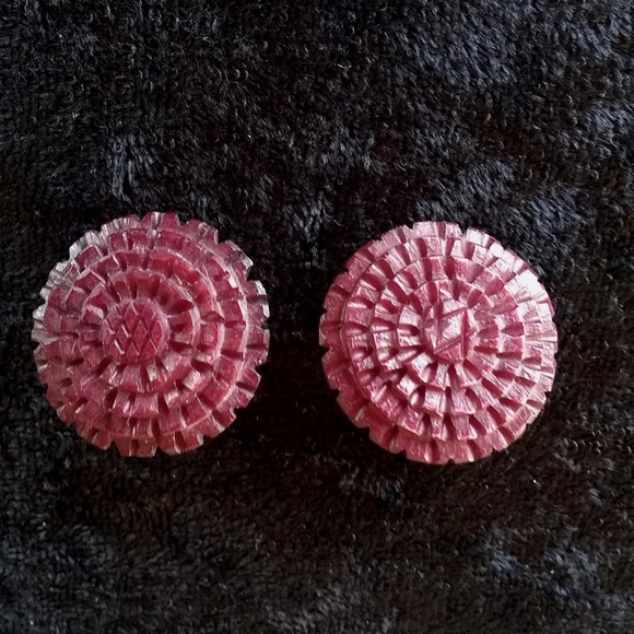Vintage - Rare Bone Burgundy Round Clip Earrings - Picture 1 of 6